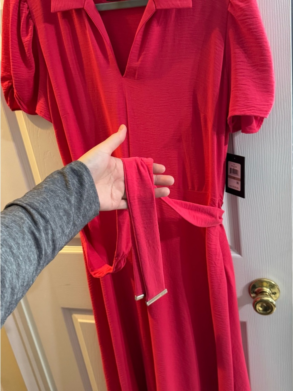 DKNY Hot Pink V-Neck Midi Dress with Waist Tie